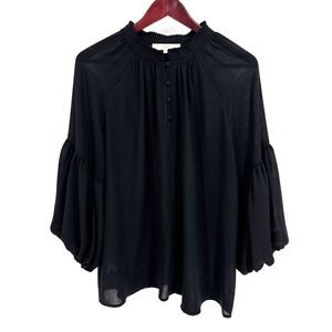 Loft Black Semi Sheer Top Blouse Sz Large Balloon Sleeves Stripe Old Money